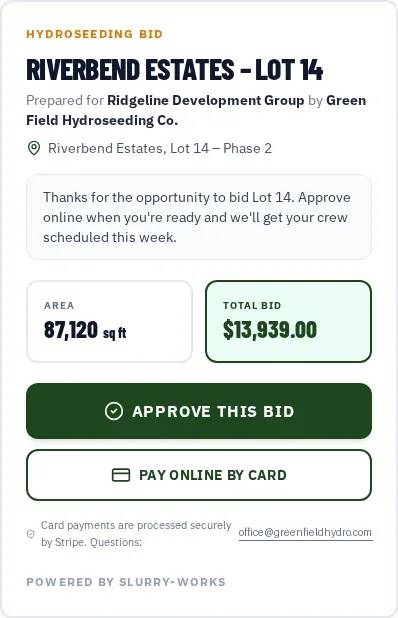 Client-facing bid page on a phone with the job name, 87,120 sq ft area, $13,939 total, an Approve This Bid button and a Pay Online by Card button