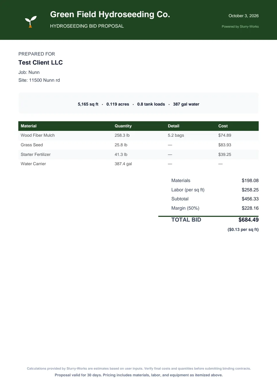 Finished hydroseeding bid proposal: 21,780 sq ft measured from satellite, slurry materials by tank load, labor and total price